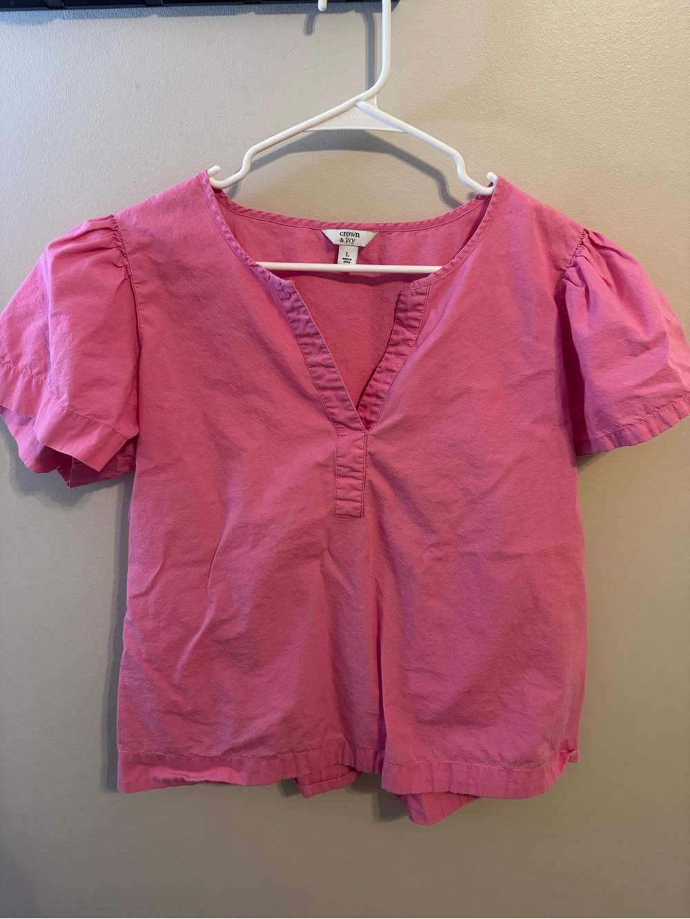 Crown & Ivy Pink Puff Sleeve Cotton Top